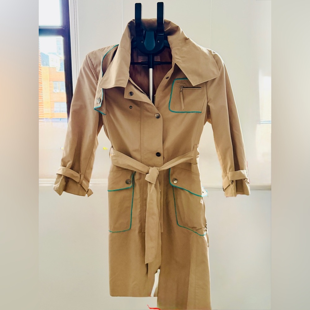 Women's BCBG Tan Trench Coat with Teal/Contrast Trim